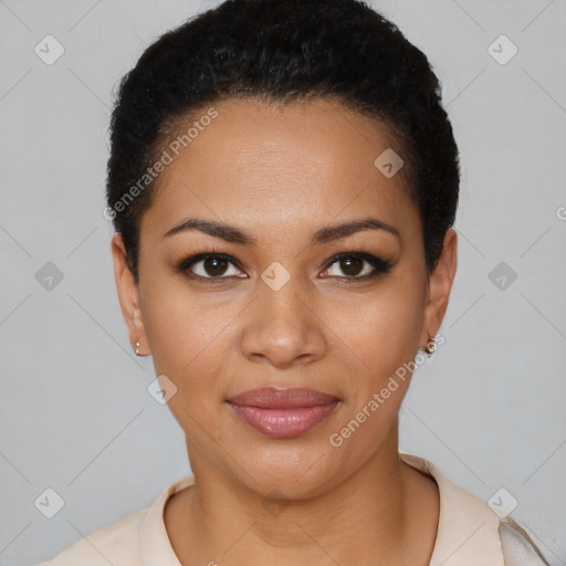 Joyful latino young-adult female with short  black hair and brown eyes