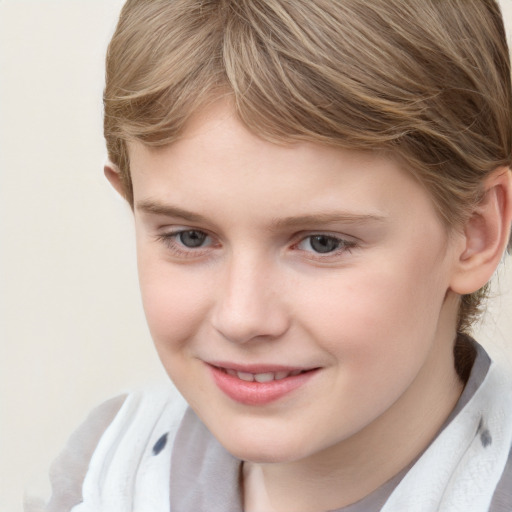 Joyful white child female with medium  brown hair and brown eyes