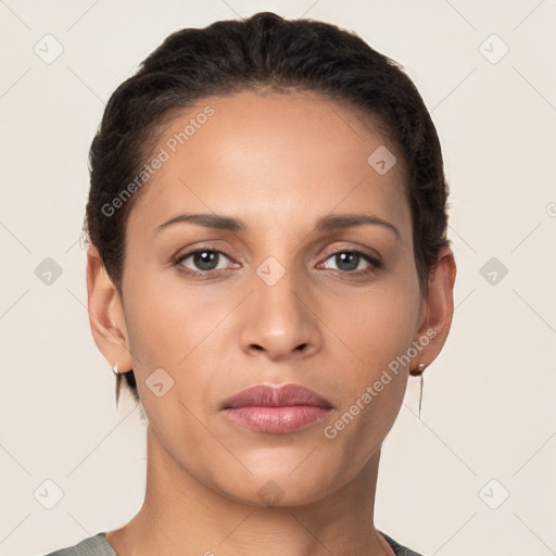 Neutral white young-adult female with short  brown hair and brown eyes