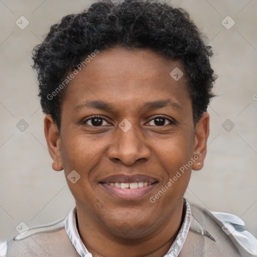 Joyful latino young-adult male with short  brown hair and brown eyes