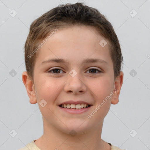 Joyful white child female with short  brown hair and brown eyes