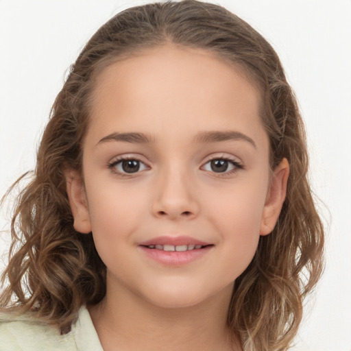 Joyful white child female with medium  brown hair and brown eyes