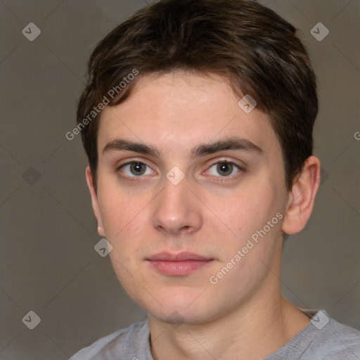 Neutral white young-adult male with short  brown hair and brown eyes