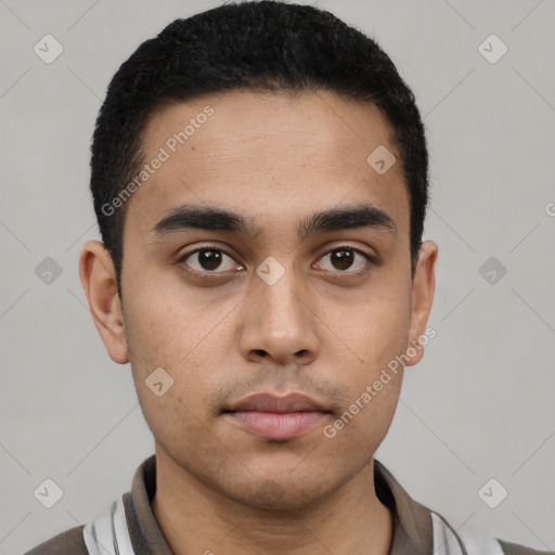 Neutral asian young-adult male with short  black hair and brown eyes