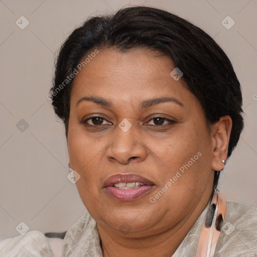 Joyful latino adult female with medium  brown hair and brown eyes