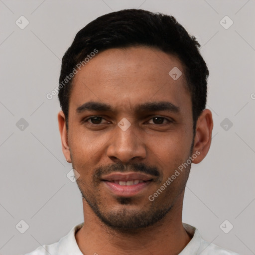 Neutral latino young-adult male with short  black hair and brown eyes
