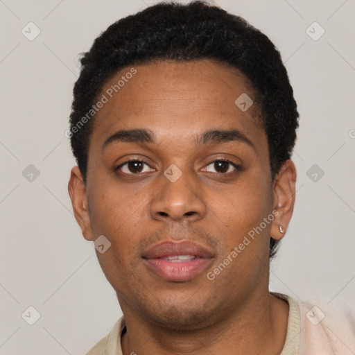 Neutral black young-adult male with short  black hair and brown eyes