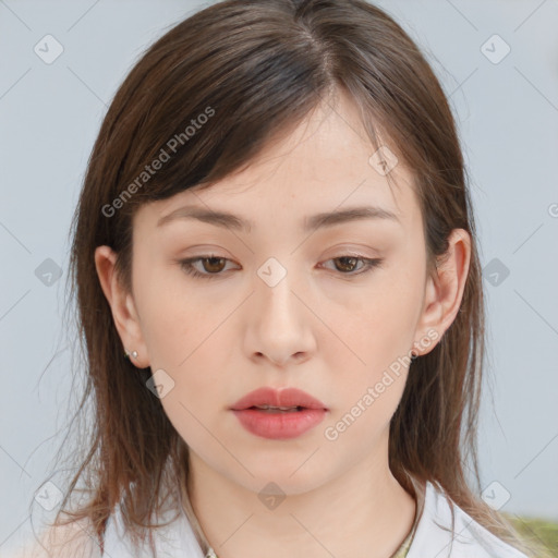 Neutral white young-adult female with medium  brown hair and brown eyes