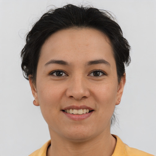 Joyful asian young-adult female with short  brown hair and brown eyes