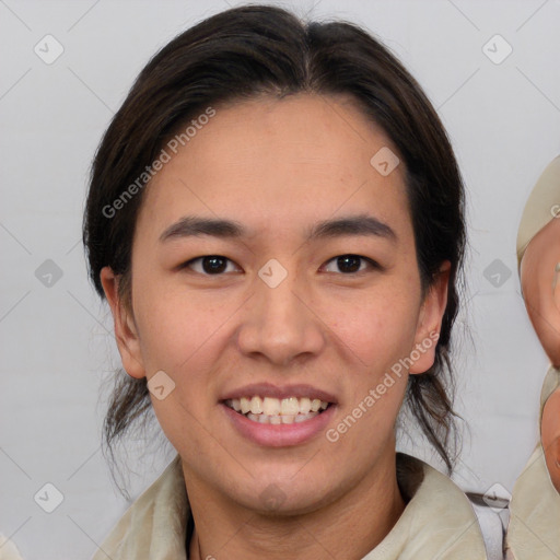 Joyful white young-adult female with medium  brown hair and brown eyes