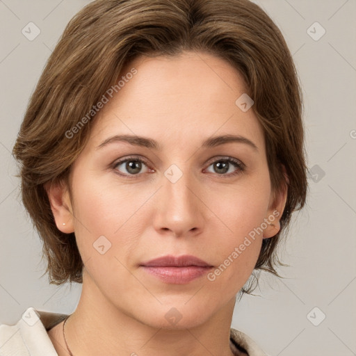 Neutral white young-adult female with medium  brown hair and brown eyes