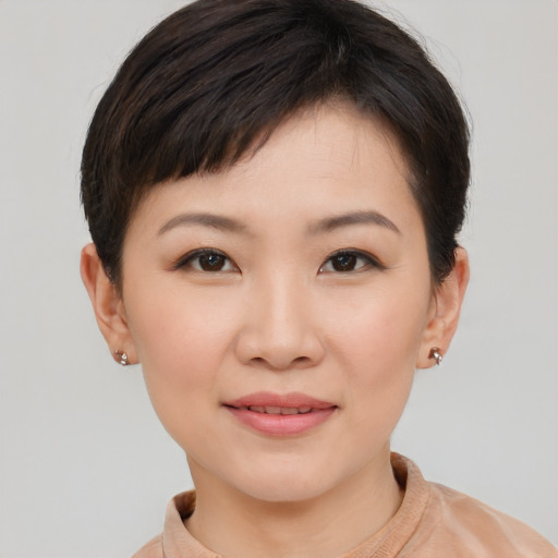 Joyful asian young-adult female with short  brown hair and brown eyes