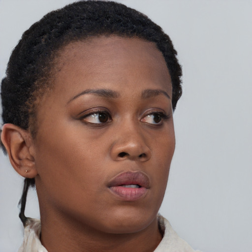 Neutral black young-adult female with short  brown hair and brown eyes