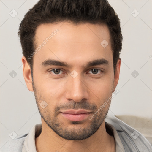 Neutral white young-adult male with short  brown hair and brown eyes