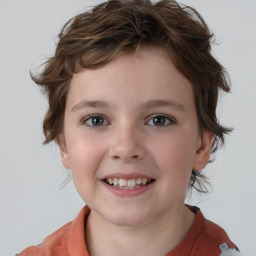 Joyful white child female with medium  brown hair and brown eyes