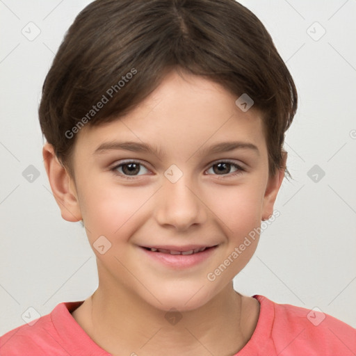 Joyful white child female with short  brown hair and brown eyes