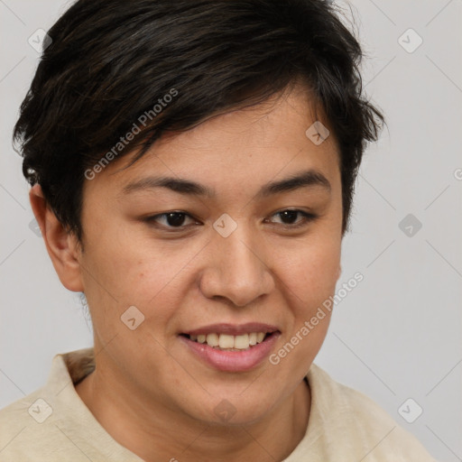 Joyful white young-adult female with short  brown hair and brown eyes