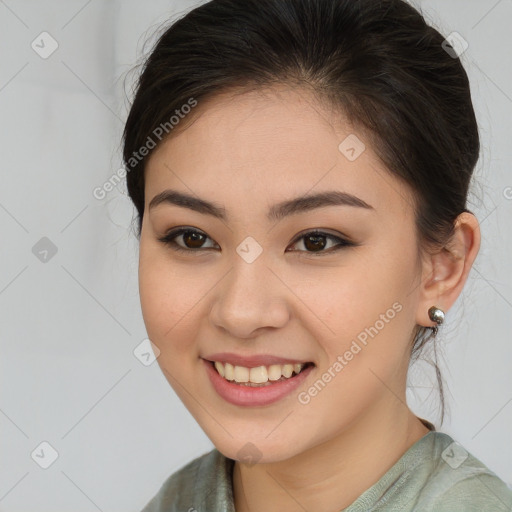 Joyful white young-adult female with long  brown hair and brown eyes