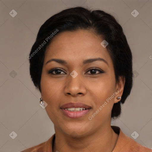 Joyful asian young-adult female with medium  black hair and brown eyes