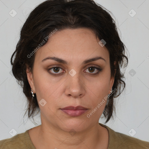 Neutral white young-adult female with medium  brown hair and brown eyes