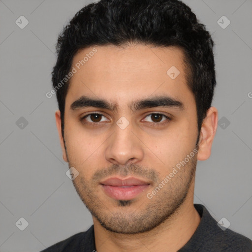 Neutral latino young-adult male with short  black hair and brown eyes