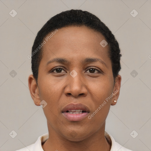 Joyful black young-adult female with short  black hair and brown eyes