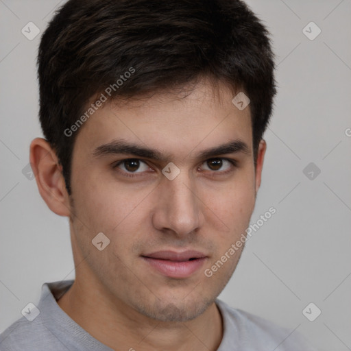 Neutral white young-adult male with short  brown hair and brown eyes