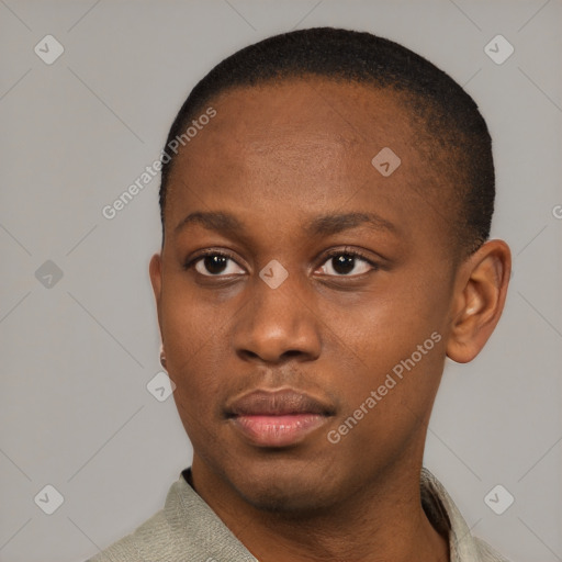 Neutral black young-adult male with short  black hair and brown eyes