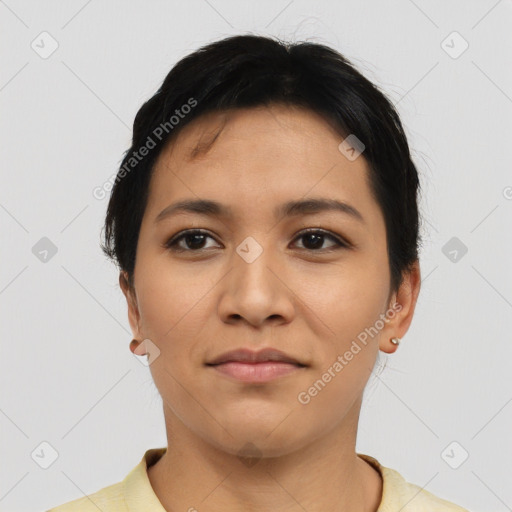 Neutral asian young-adult female with short  black hair and brown eyes