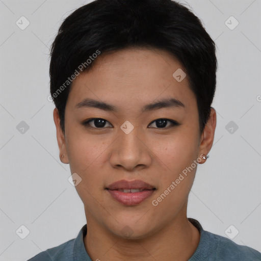 Joyful asian young-adult female with short  black hair and brown eyes