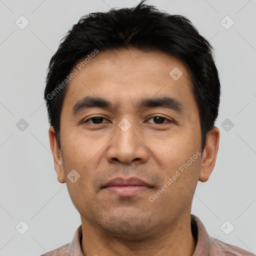 Neutral asian young-adult male with short  black hair and brown eyes