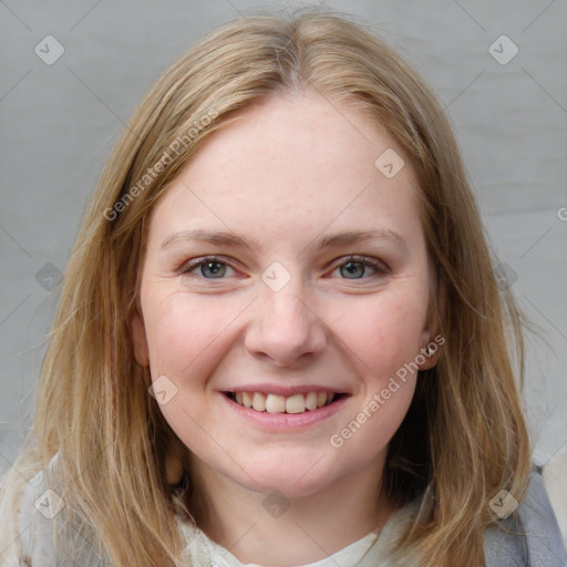 Joyful white young-adult female with medium  brown hair and blue eyes