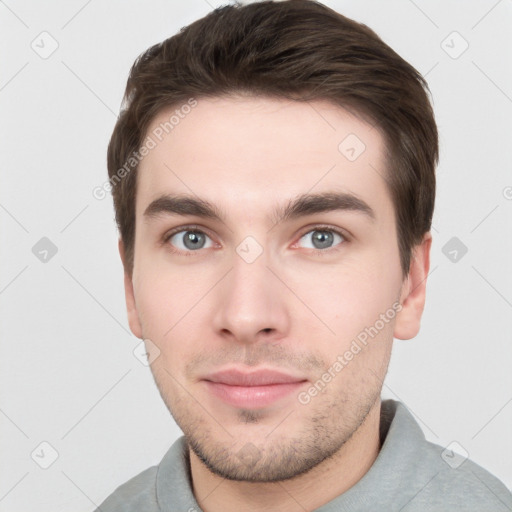 Neutral white young-adult male with short  brown hair and grey eyes