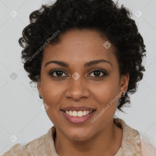 Joyful black young-adult female with long  brown hair and brown eyes