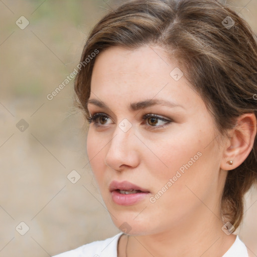 Neutral white young-adult female with medium  brown hair and brown eyes