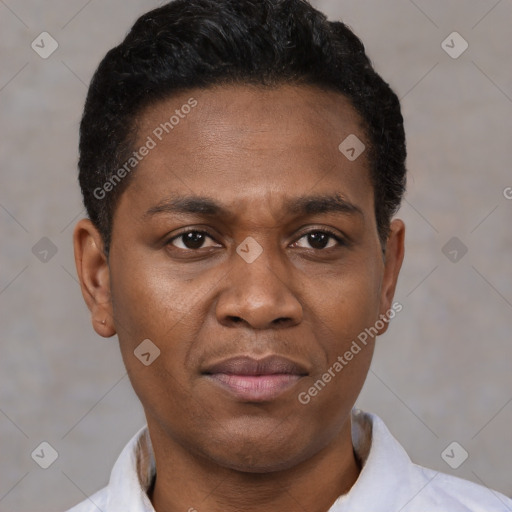 Joyful black young-adult male with short  black hair and brown eyes