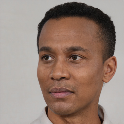 Neutral black adult male with short  black hair and brown eyes