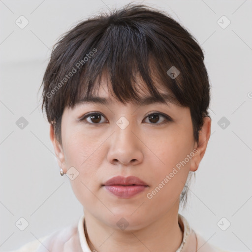 Neutral white young-adult female with short  brown hair and brown eyes