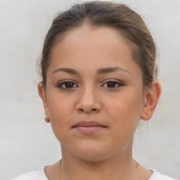 Neutral white young-adult female with short  brown hair and brown eyes