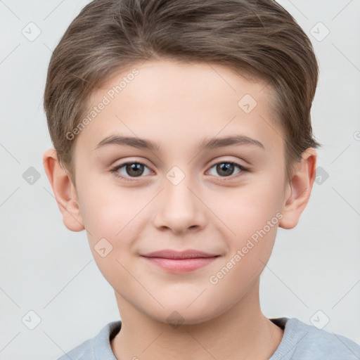 Joyful white child female with short  brown hair and brown eyes