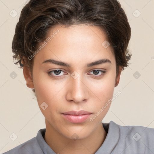 Neutral white young-adult female with short  brown hair and brown eyes