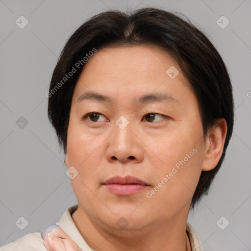 Joyful asian adult female with short  brown hair and brown eyes