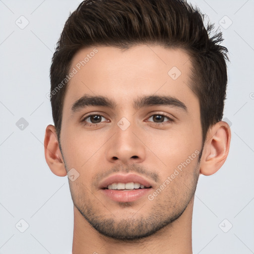 Neutral white young-adult male with short  brown hair and brown eyes