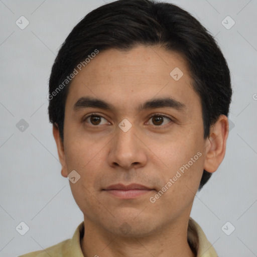 Neutral asian young-adult male with short  brown hair and brown eyes