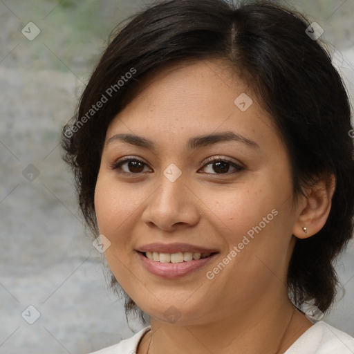 Joyful white young-adult female with medium  brown hair and brown eyes