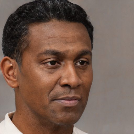 Neutral black adult male with short  brown hair and brown eyes