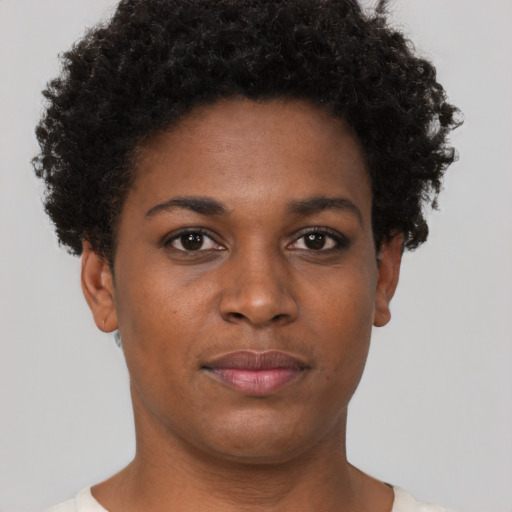 Neutral black young-adult female with short  brown hair and brown eyes