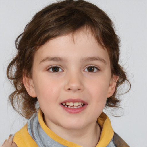 Joyful white child female with medium  brown hair and brown eyes