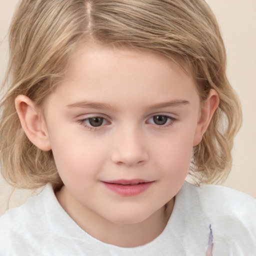 Joyful white child female with medium  brown hair and grey eyes