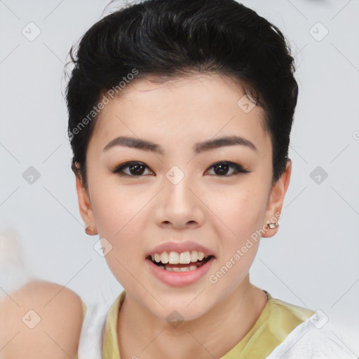 Joyful asian young-adult female with short  black hair and brown eyes